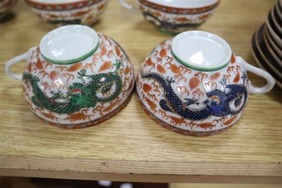 A Chinese famille rose dragon tea set, side plates etc., Republic period